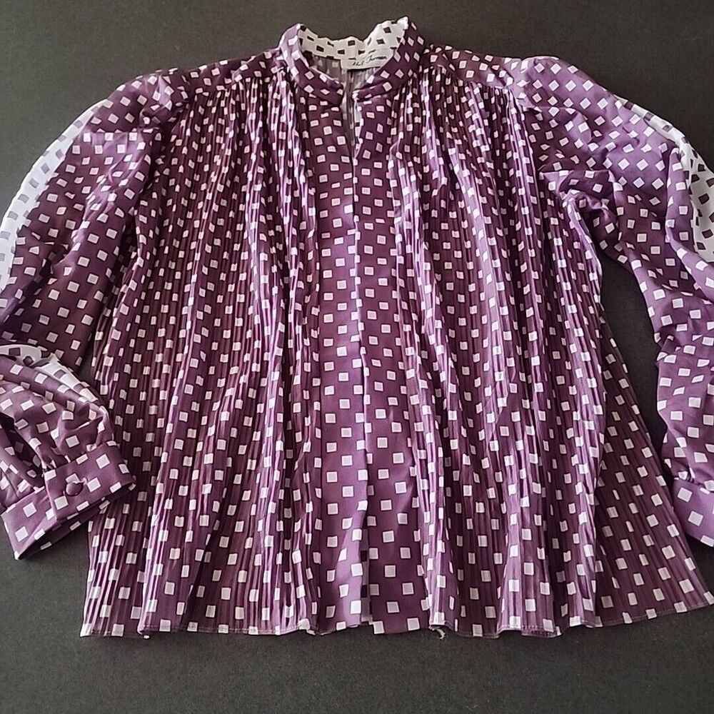 Vintage 70's Hal Ferman Womens S/M Flowing Blouse sleeve Purple White Squares
